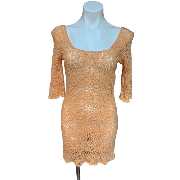 French Crochet Lace Shift Dress Peach Pink Vintage Vintage Large Fits S/M - Picture 1 of 9